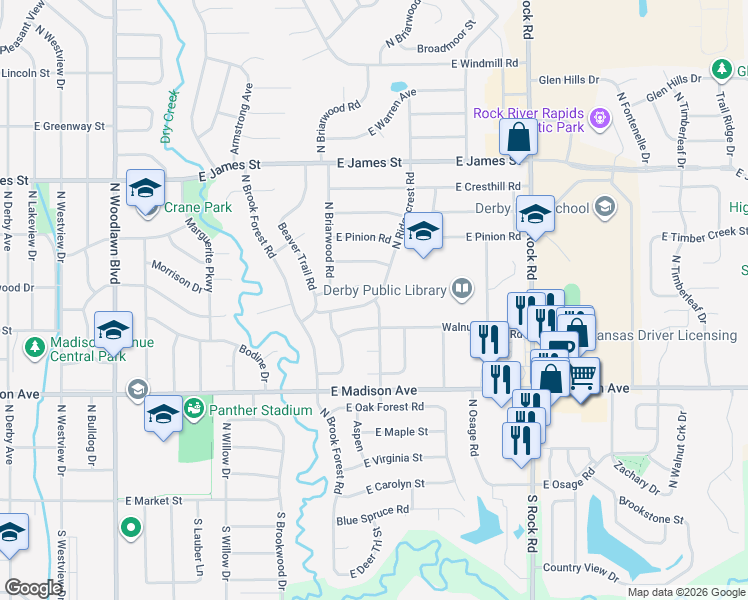 map of restaurants, bars, coffee shops, grocery stores, and more near 1498 Hickory Branch in Derby