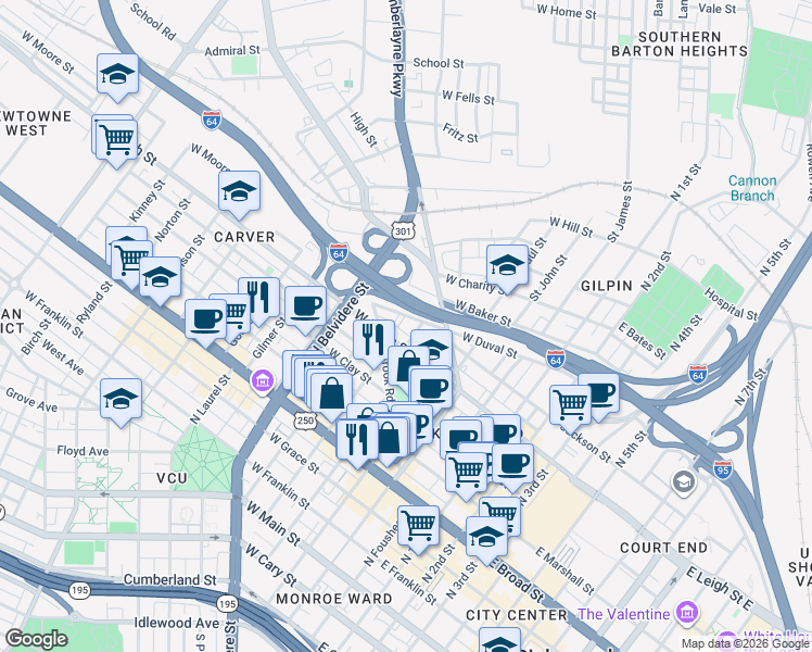 map of restaurants, bars, coffee shops, grocery stores, and more near 411 West Duval Street in Richmond