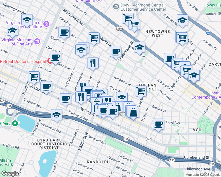 map of restaurants, bars, coffee shops, grocery stores, and more near 1913 Grove Avenue in Richmond