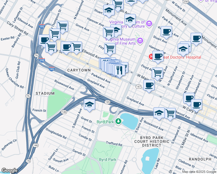map of restaurants, bars, coffee shops, grocery stores, and more near 2928 Grayland Avenue in Richmond