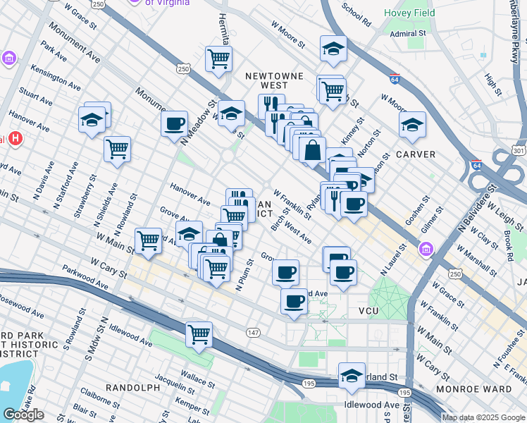 map of restaurants, bars, coffee shops, grocery stores, and more near 1523 West Avenue in Richmond