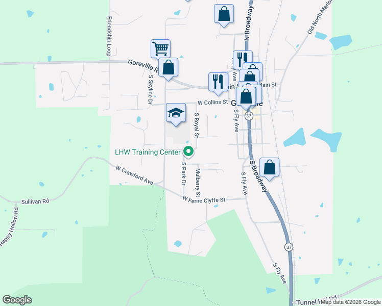 map of restaurants, bars, coffee shops, grocery stores, and more near 501-599 West Royal Street in Goreville