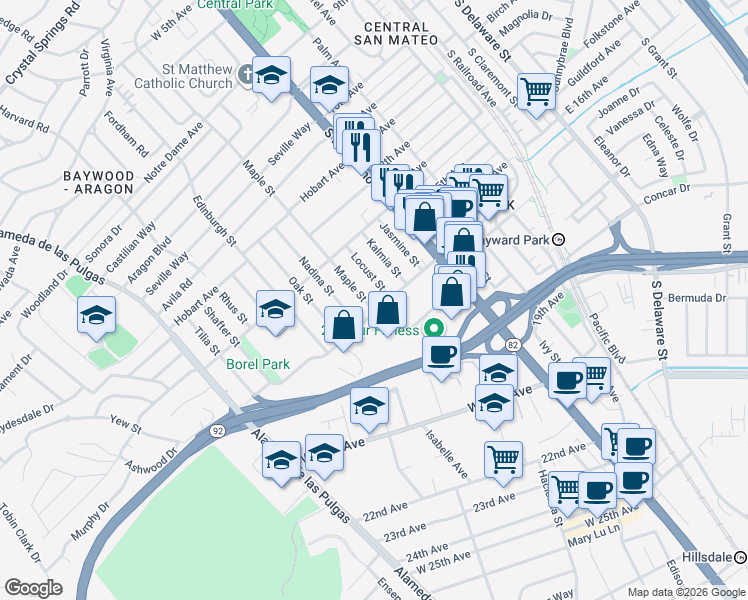 map of restaurants, bars, coffee shops, grocery stores, and more near 1541 Maple Street in San Mateo