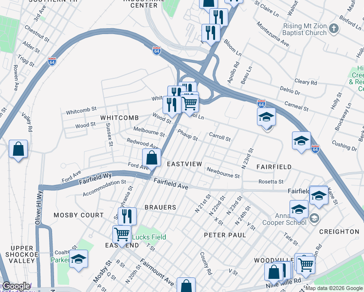 map of restaurants, bars, coffee shops, grocery stores, and more near 1714 Rogers Street in Richmond