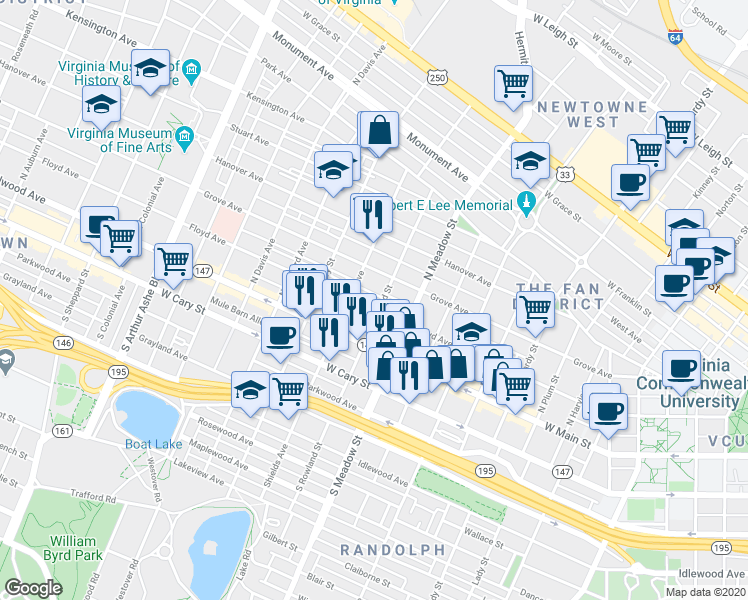map of restaurants, bars, coffee shops, grocery stores, and more near 2106 Floyd Avenue in Richmond