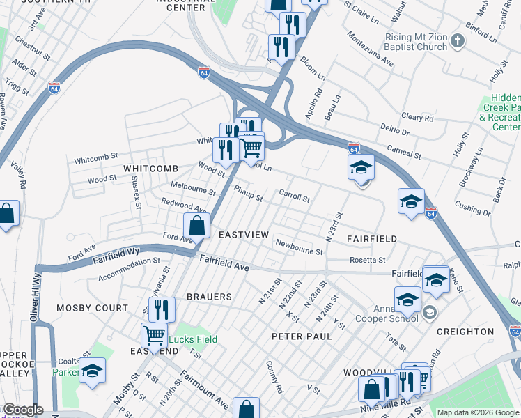 map of restaurants, bars, coffee shops, grocery stores, and more near 1801 North 19th Street in Richmond