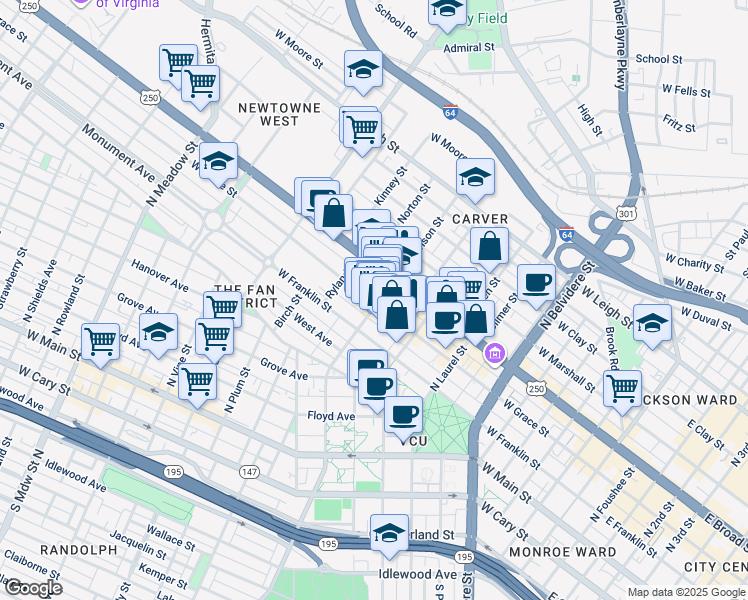 map of restaurants, bars, coffee shops, grocery stores, and more near 1000 West Grace Street in Richmond