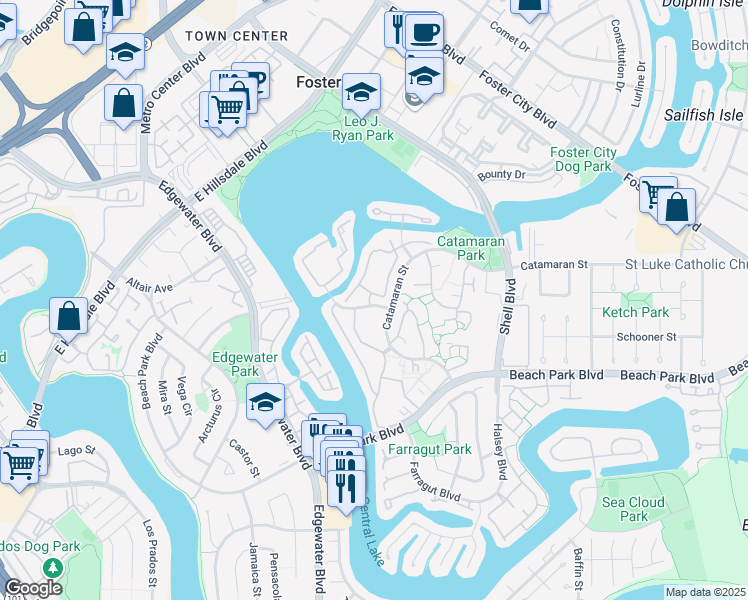 map of restaurants, bars, coffee shops, grocery stores, and more near 954 De Soto Lane in Foster City