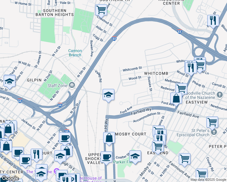 map of restaurants, bars, coffee shops, grocery stores, and more near 1800 Bowling Green Road in Richmond