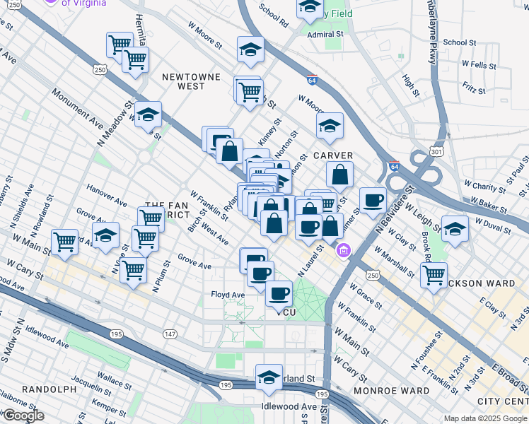 map of restaurants, bars, coffee shops, grocery stores, and more near 511 North Harrison Street in Richmond