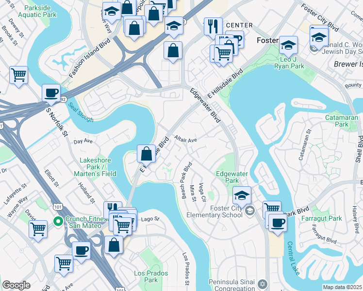 map of restaurants, bars, coffee shops, grocery stores, and more near 659 Libra Lane in Foster City