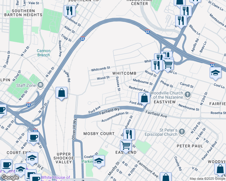 map of restaurants, bars, coffee shops, grocery stores, and more near 1943 Eastview Lane in Richmond