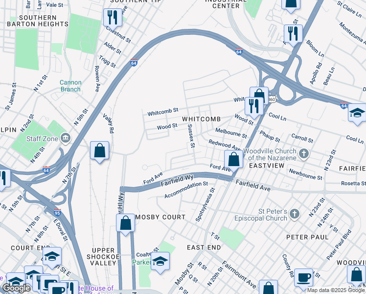 map of restaurants, bars, coffee shops, grocery stores, and more near 1943 Eastview Lane in Richmond