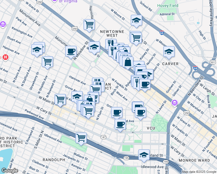 map of restaurants, bars, coffee shops, grocery stores, and more near 1523 West Avenue in Richmond