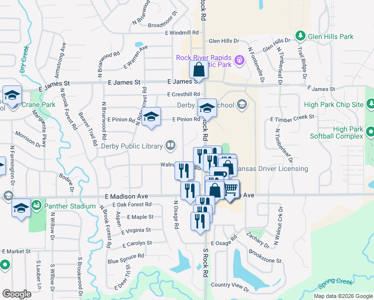 map of restaurants, bars, coffee shops, grocery stores, and more near 802 Sumac Road in Derby