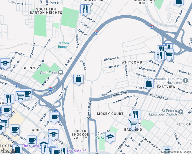 map of restaurants, bars, coffee shops, grocery stores, and more near 1800 Bowling Green Road in Richmond