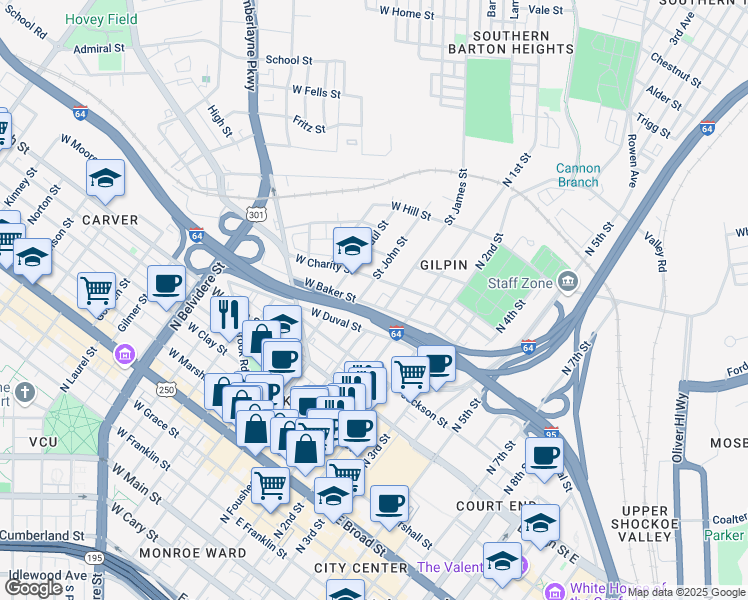map of restaurants, bars, coffee shops, grocery stores, and more near 8 West Baker Street in Richmond