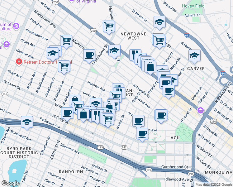 map of restaurants, bars, coffee shops, grocery stores, and more near 1610 Hanover Avenue in Richmond