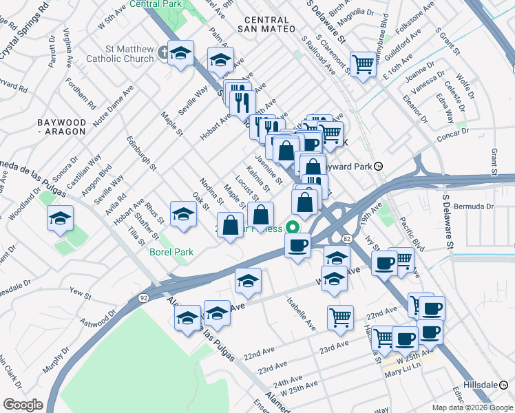 map of restaurants, bars, coffee shops, grocery stores, and more near 1541 Maple Street in San Mateo