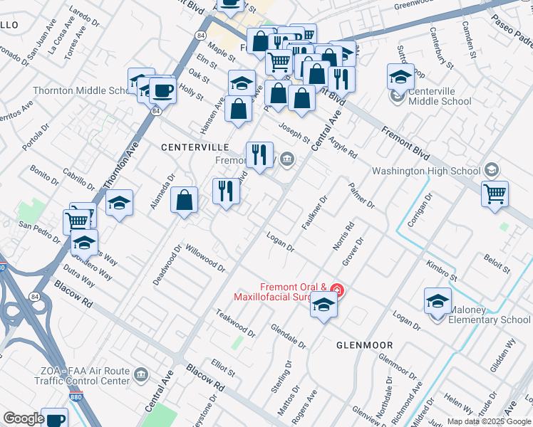 map of restaurants, bars, coffee shops, grocery stores, and more near 4451 Central Avenue in Fremont