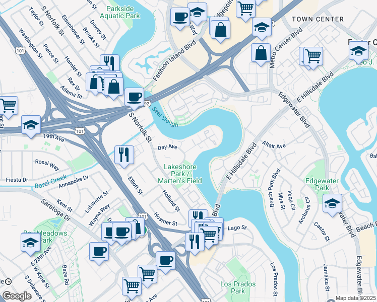 map of restaurants, bars, coffee shops, grocery stores, and more near 1608 Marina Court in San Mateo