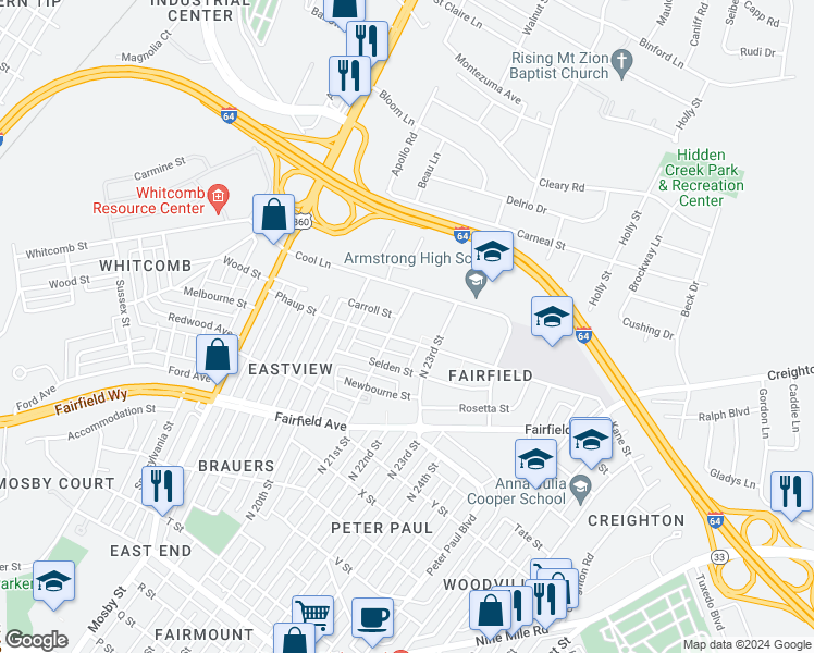 map of restaurants, bars, coffee shops, grocery stores, and more near 2101 Phaup Street in Richmond