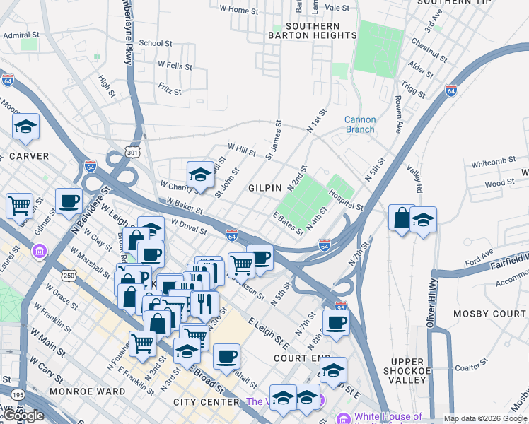 map of restaurants, bars, coffee shops, grocery stores, and more near 110 East Charity Street in Richmond