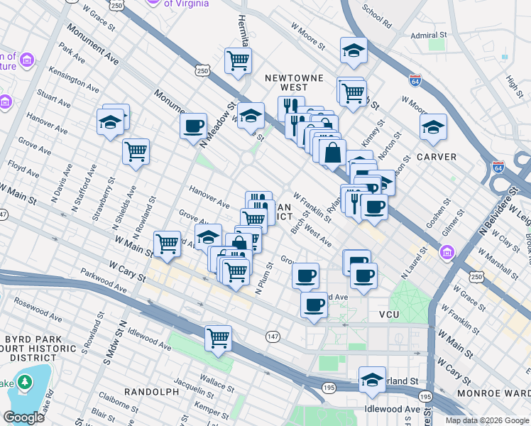 map of restaurants, bars, coffee shops, grocery stores, and more near in Richmond