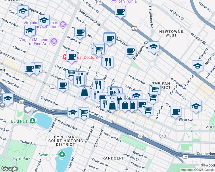 map of restaurants, bars, coffee shops, grocery stores, and more near in Richmond