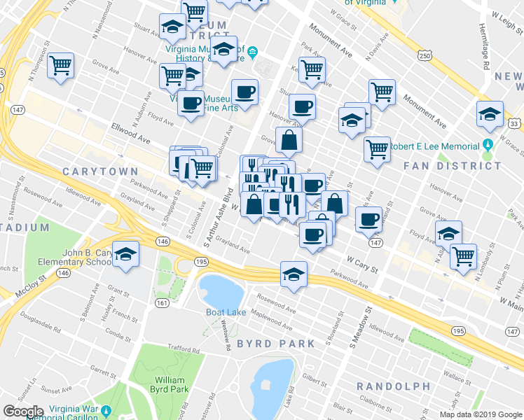map of restaurants, bars, coffee shops, grocery stores, and more near 2512 West Cary Street in Richmond