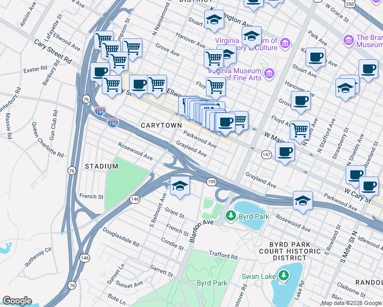 map of restaurants, bars, coffee shops, grocery stores, and more near 3029 Grayland Avenue in Richmond