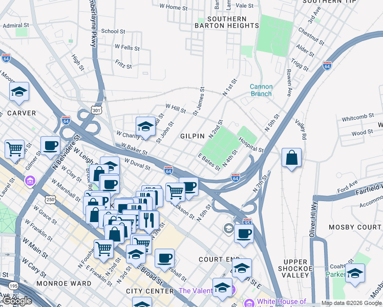 map of restaurants, bars, coffee shops, grocery stores, and more near 117 East Charity Street in Richmond