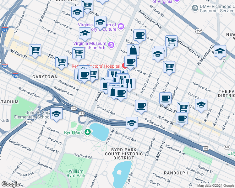 map of restaurants, bars, coffee shops, grocery stores, and more near 10 South Robinson Street in Richmond