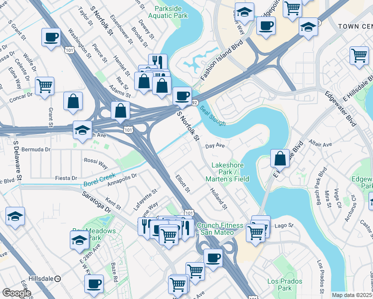 map of restaurants, bars, coffee shops, grocery stores, and more near 2 Waters Park Drive in San Mateo