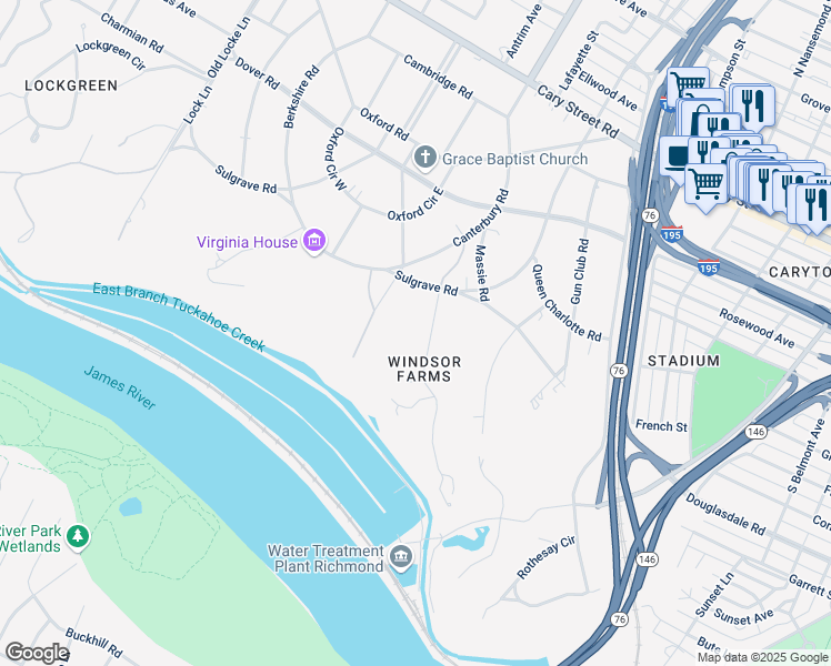 map of restaurants, bars, coffee shops, grocery stores, and more near 306 Clovelly Road in Richmond