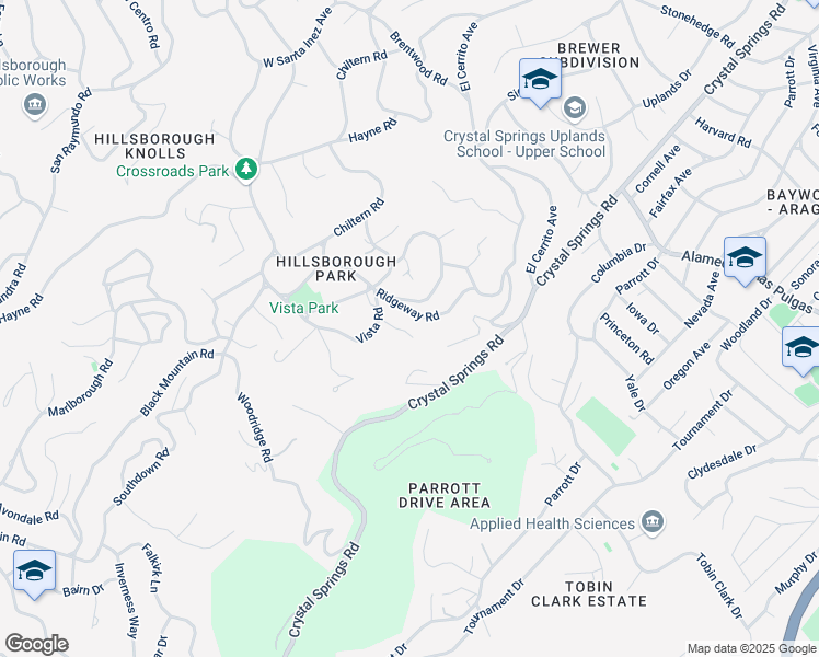 map of restaurants, bars, coffee shops, grocery stores, and more near 25 Vía Delizia in Hillsborough