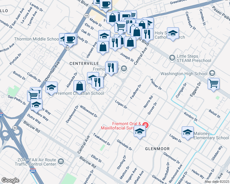 map of restaurants, bars, coffee shops, grocery stores, and more near 4451 Central Avenue in Fremont