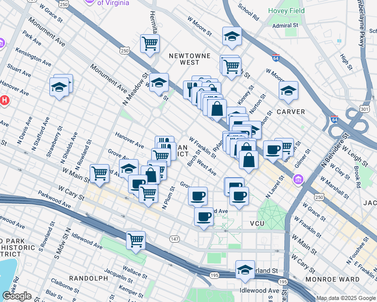map of restaurants, bars, coffee shops, grocery stores, and more near 1514 West Avenue in Richmond