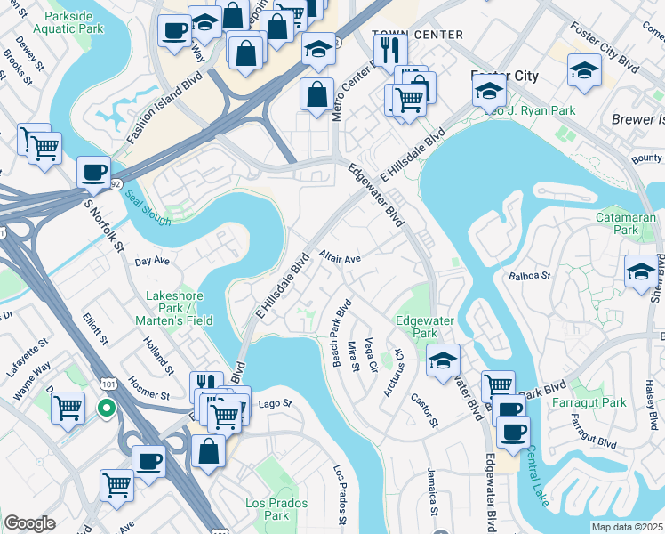 map of restaurants, bars, coffee shops, grocery stores, and more near 659 Libra Lane in Foster City
