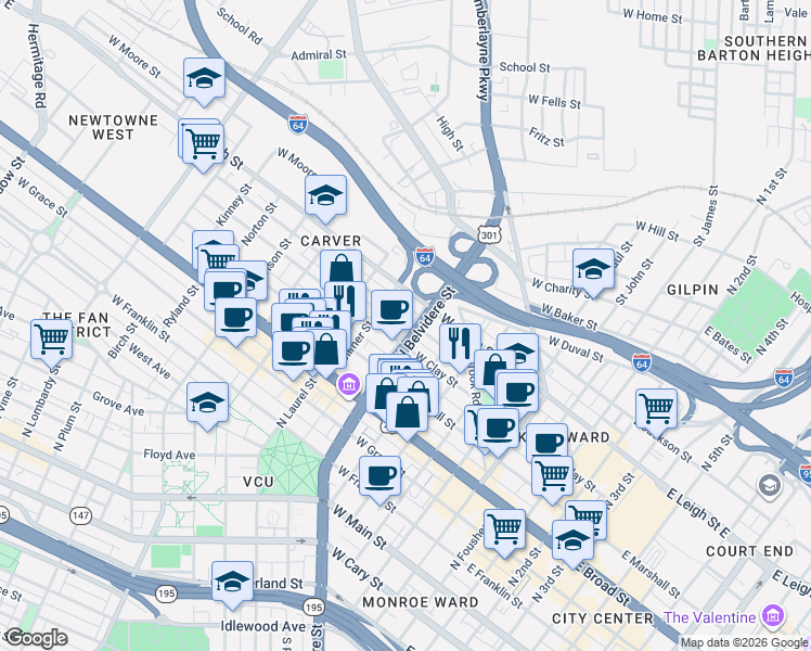 map of restaurants, bars, coffee shops, grocery stores, and more near 521 Catherine Street in Richmond