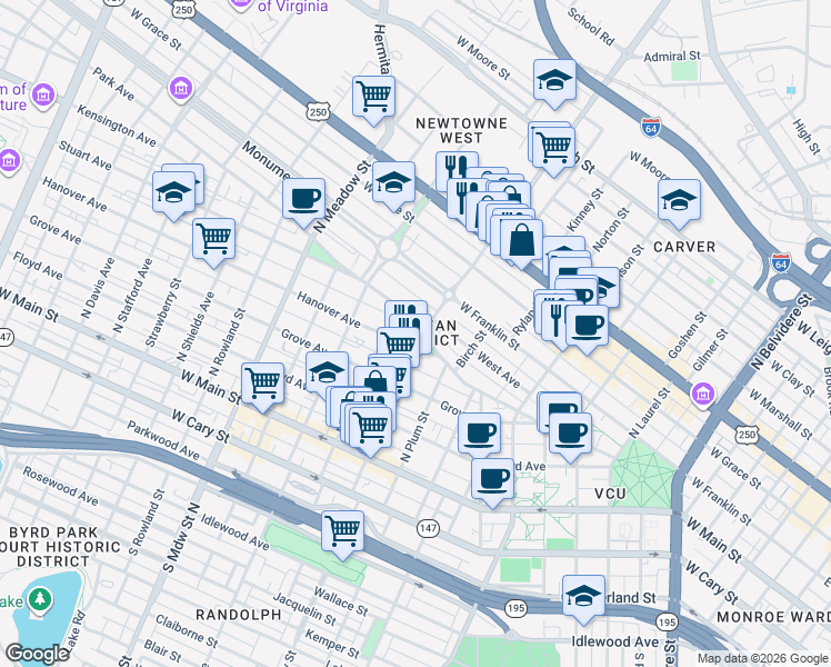 map of restaurants, bars, coffee shops, grocery stores, and more near in Richmond