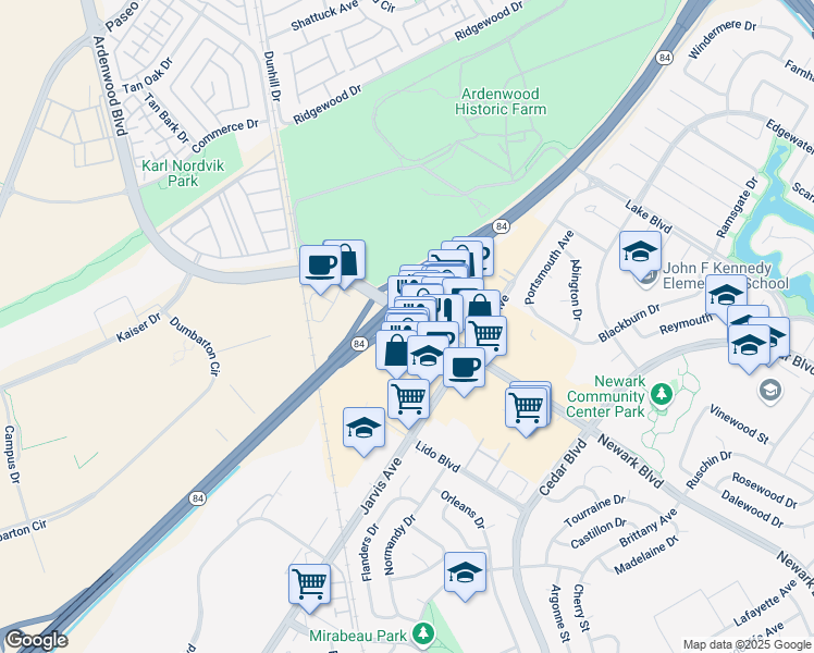 map of restaurants, bars, coffee shops, grocery stores, and more near 34905 Newark Boulevard in Newark