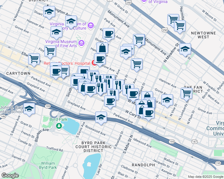 map of restaurants, bars, coffee shops, grocery stores, and more near 11 North Stafford Avenue in Richmond