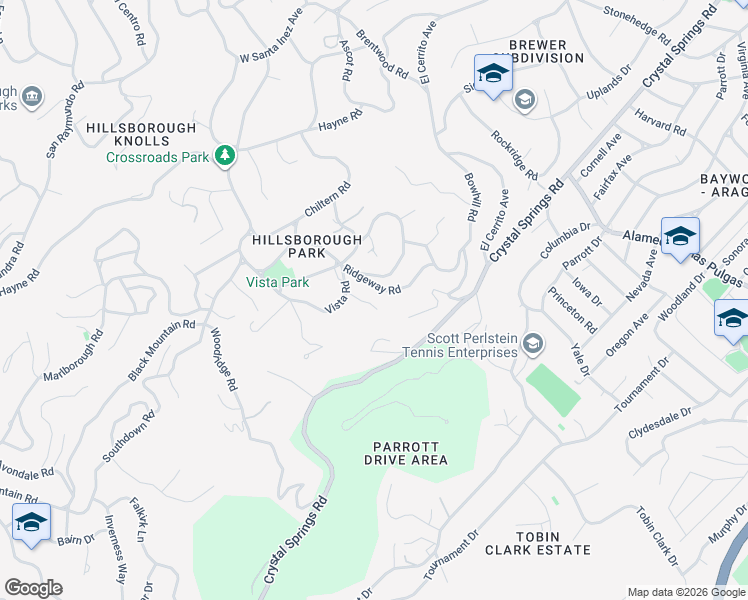 map of restaurants, bars, coffee shops, grocery stores, and more near 25 Vía Delizia in Hillsborough