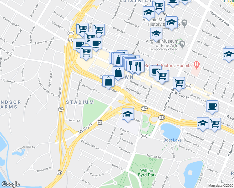 map of restaurants, bars, coffee shops, grocery stores, and more near 3203 Idlewood Avenue in Richmond