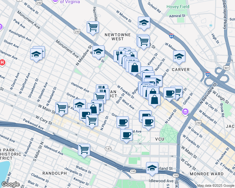 map of restaurants, bars, coffee shops, grocery stores, and more near 1514 West Avenue in Richmond