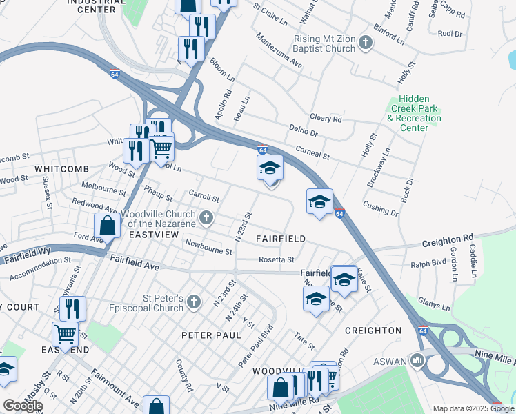 map of restaurants, bars, coffee shops, grocery stores, and more near 2467 North 23rd Street in Richmond