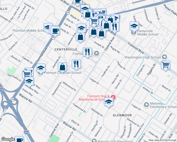 map of restaurants, bars, coffee shops, grocery stores, and more near 4401 Central Avenue in Fremont