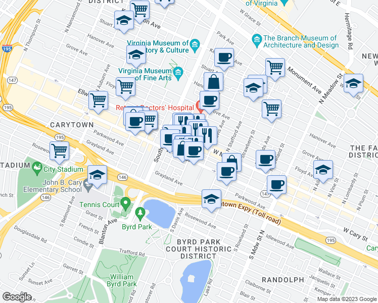map of restaurants, bars, coffee shops, grocery stores, and more near 8 South Robinson Street in Richmond