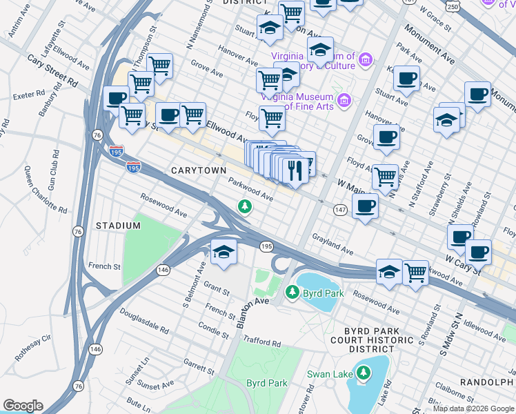 map of restaurants, bars, coffee shops, grocery stores, and more near 2928 Grayland Avenue in Richmond